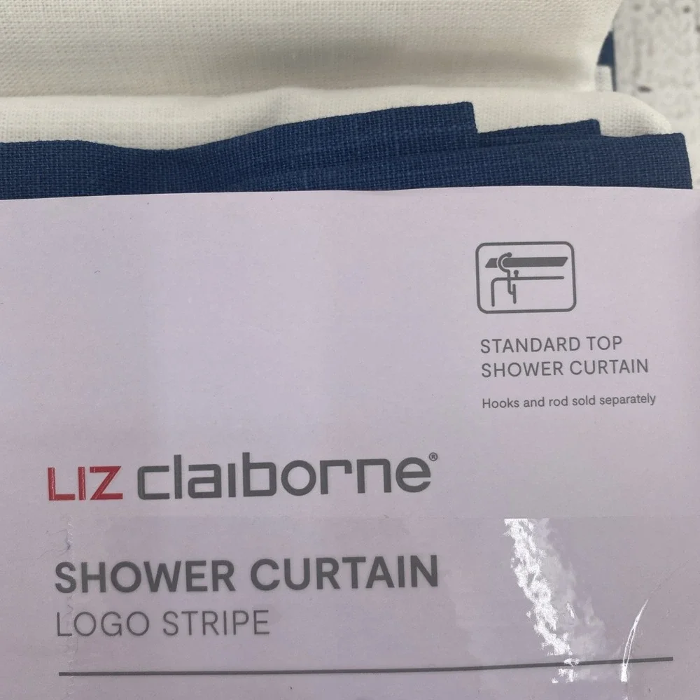 Liz Claiborne Shower Curtain White Navy Blue Logo Stripe Geometric 100% Cotton